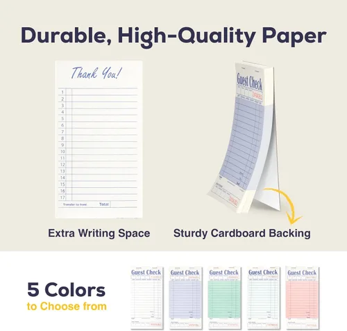 Miniatura 5 de FMP Brands Libros de cheques de invitados para servidores, papel de bloc de notas de servidor, total de 500 hojas (10 blocs), azul con recibo