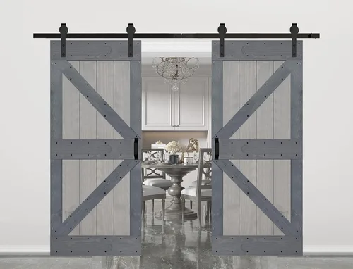 Miniatura 11 de Serie K de 60 x 84 pulgadas (30 x 84 pulgadas x 2 paneles) Puerta corredera clásica de madera maciza con acabado de nogal con riel de herrajes