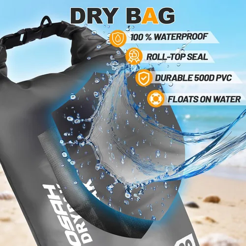 Miniatura 7 de Bolsa seca impermeable, 5L/10L/20L/30L/40L Mochila de almacenamiento ligera con funda para teléfono para mujeres y hombres, saco impermeable Negro
