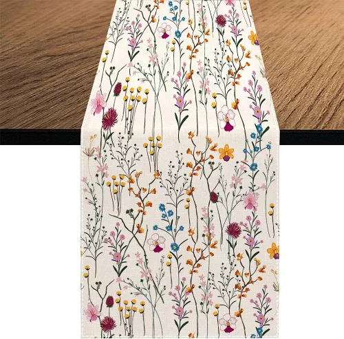 Camino de mesa de flores silvestres en acuarela, decoración de mesa de comedor de cocina y vacaciones de verano para decoración del hogar, 13 x 90
