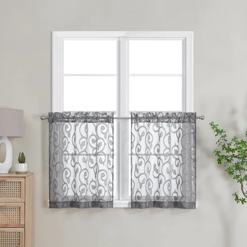 Miniatura 85 de OWENIE Furman - Juego de 2 paneles de cortinas traslúcidas negras de 24 pulgadas de largo, cortinas semitransparentes de jacquard ligeras y aireadas