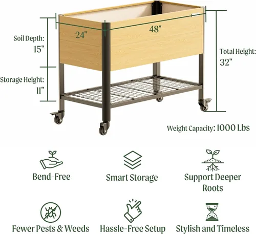 Miniatura 2 de Cama de jardín elevada con ruedas, macetas elevadas de grano de madera de metal de 2 x 4 pies con patas y estante de almacenamiento para patio