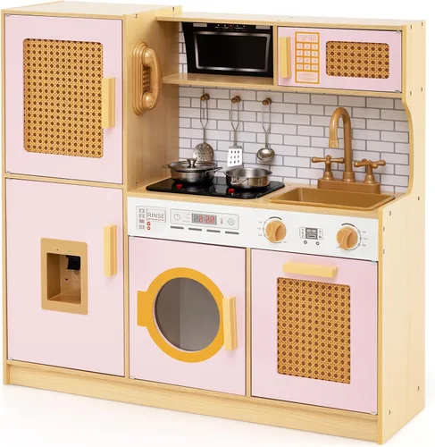Miniatura 9 de Costzon Juego de cocina para niños, juguete Montessori de madera para niños pequeños con puerta de ratán, luz y sonido, dispensador de agua, Ratán