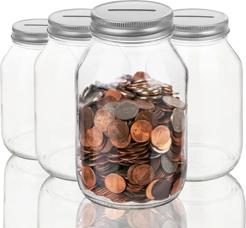 kitchentoolz Tarro grande con punta de banco de monedas con tapa plateada ranurada con capacidad para más de $300 en monedas, utilizado para hucha y