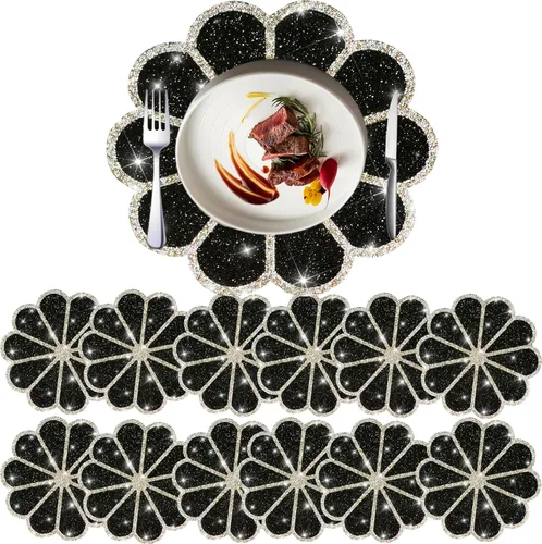 Miniatura 24 de Juego de 1 mantel individual redondo en negro, manteles individuales brillantes resistentes al calor, lavables, para cena, cocina, boda, decorativos