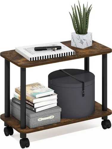 Miniatura 17 de Furinno Turn-N-Tube - Mesa auxiliar rectangular de 2 niveles con ruedas, mesita de noche de esquina redonda, mesita de noche con estante abierto