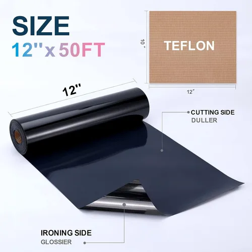 Miniatura 4 de XSEINO Rollo de vinilo de transferencia, rollo de vinilo HTV negro de 12 pulgadas x 50 pies con teflón para camisas, rollo de vinilo para planchar