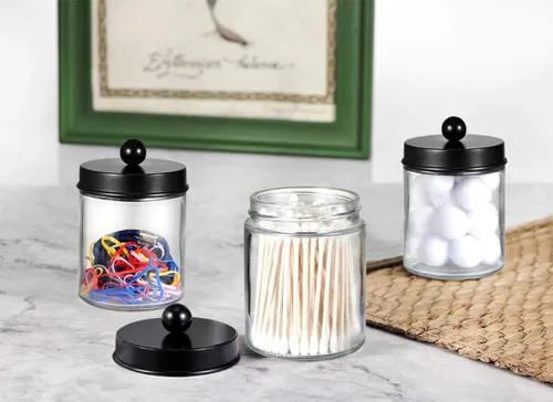 Miniatura 3 de Amolliar 6 tarros de boticario para baño, organizador de tocador de baño, decoración rústica de granja con tapas de acero inoxidable, soporte Negro
