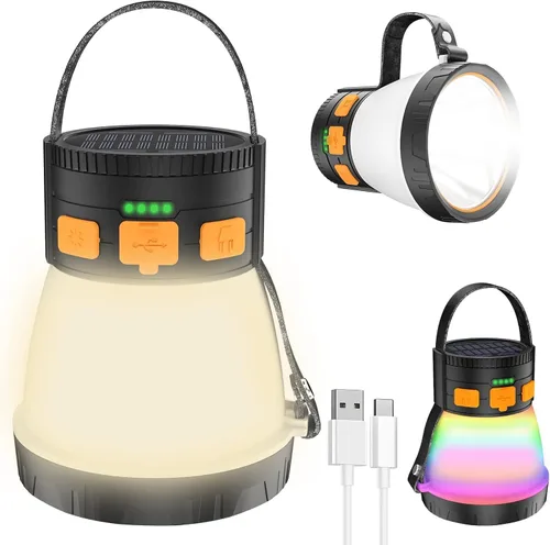 Miniatura 2 de Paquete de 2 linternas LED para campamento, 1500 lúmenes, linterna de campamento recargable con carga de panel solar, impermeable, 8 modos de luz