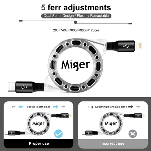 Miniatura 6 de Miger Cable USB C a Lightning [2 unidades de 4 pies] Cargador retráctil para iPhone de carga rápida tipo C a Lightning Cable de carga MFi