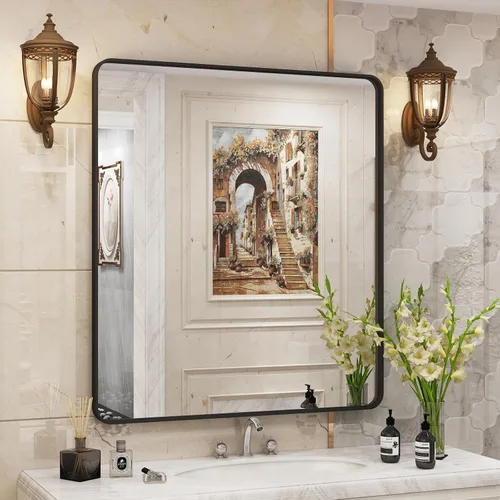 Miniatura 79 de Paquete de 2 espejos de baño con marco de metal negro de 22 x 30 pulgadas, espejo rectangular redondeado negro mate, antioxidante, se cuelga