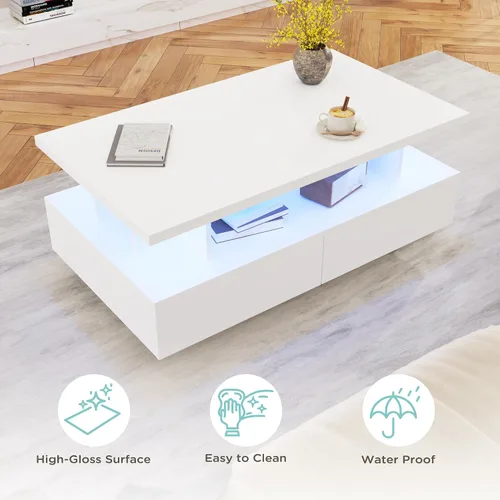 Miniatura 7 de MHOM Mesa de centro LED de 41.3 pulgadas, moderna mesa de sala de estar de alto brillo con 4 cajones, elegante mesa central para sala de estar, Negro