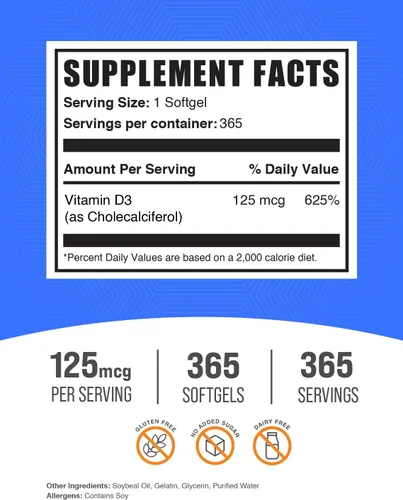 Miniatura 2 de BulkSupplements. com Vitamina D3 5000IU Softgels - Colecalciferol, Suplemento D3, Vitamina D 5000 UI - 1 Vitamina D3 Softgel (125mcg de Vitamina D)
