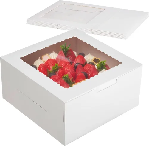 Kootek 4pcs Cake Boxes with Window, 10 x 10 x 5 Inches Bakery Boxes Treat Cookie Dessert Boxes Pastry Box for Cake, Chocolate Covered Strawberries,