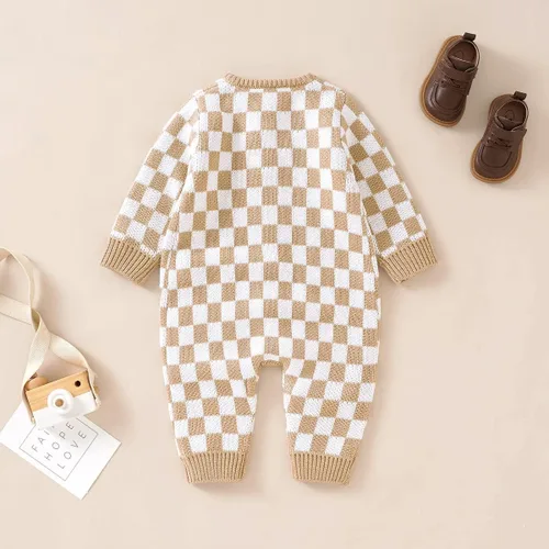 Miniatura 5 de Mameluco de punto unisex para bebé, niña, niño, overol de punto a cuadros, de una pieza, suéter con botones