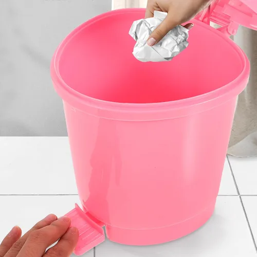Miniatura 2 de Papelera de escritorio, contenedor de plástico rosa con tapa, tamaño mini para oficina en casa, decoración creativa