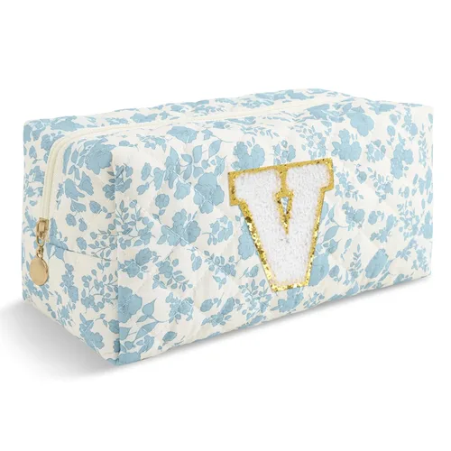 Miniatura 402 de Pequeña bolsa de maquillaje personalizada con inicial A-Z Preppy Patch, bolsa de cosméticos de viaje de felpilla blanca con cremallera, bonita bolsa