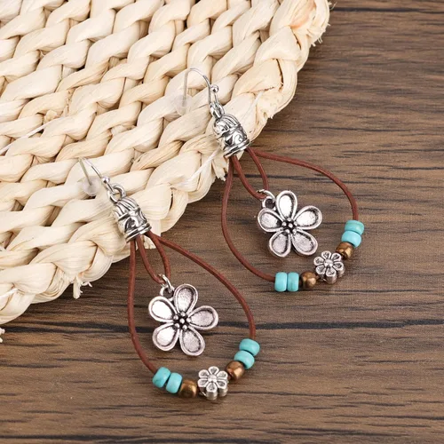 Miniatura 4 de Boho Flower Earrings,Bohemian Western Leather Dangle Drop Earrings with Nature Stones Vintage Handmade Country Concert Outfits Accessories for Women