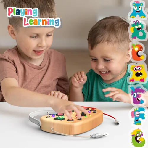 Miniatura 4 de flycoost - Tablero de actividades Montessori para niños pequeños, juguete sensorial de madera para autismo, con interruptor, 17 luces LED para niños