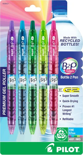 PILOT B2P Colors - Bolígrafo de gel de bola rodante rellenable y retráctil hecho de botellas recicladas, punta fina, tintas G2 de colores surtidos,