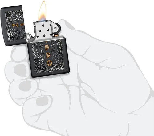 Miniatura 5 de Encendedor de bolsillo Zippo negro mate con diseño de logo de Zippo Logotipo de oro mate negro