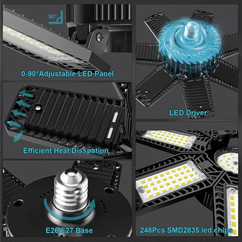 Miniatura 5 de Luz LED de garaje de 200W 20000LM 6500K, luces de techo de garaje con 7+1 paneles ajustables, luces de tienda con rosca E26 E27 para taller, sala
