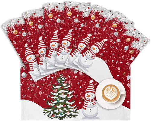 Miniatura 7 de Juego de 6 manteles individuales de Navidad, muñeco de nieve, copo de nieve, árbol de Navidad, resistentes al calor, para mesa de comedor, lino