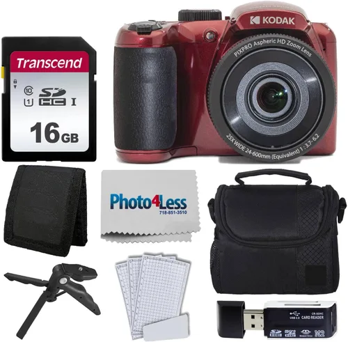 Kodak PIXPRO AZ255 Astro Zoom - Paquete de cámara digital de 16 MP (rojo), estuche para cámara de punto y disparo, tarjeta de memoria de 16 GB,
