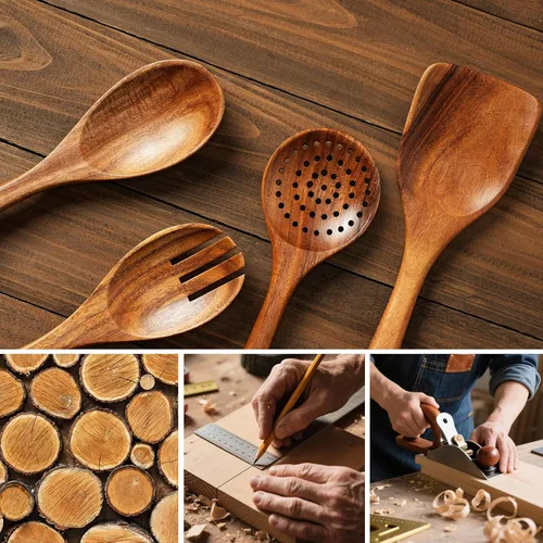 Miniatura 5 de Juego de 8 piezas de utensilios de cocina de madera de teca, cucharas y espátulas de madera natural para utensilios de cocina antiadherentes, juego