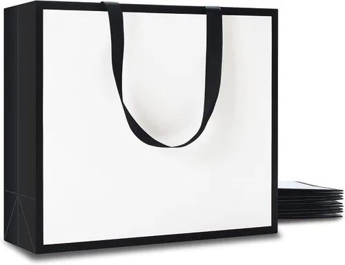 Bolsas de regalo en blanco y negro con asas de cinta, 10 unidades de 12.5 x 4.5 x 11 pulgadas, bolsa de regalo blanca y negra, bolsas de regalo