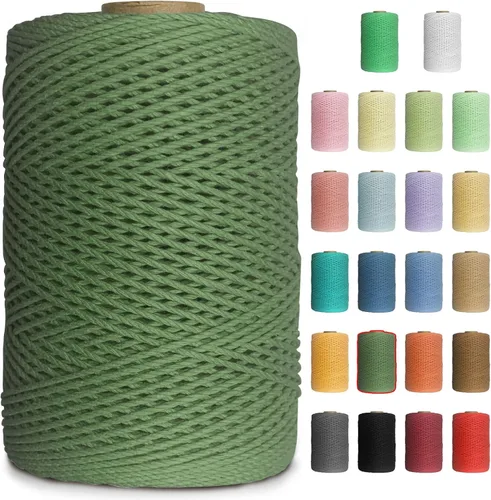 Miniatura 10 de Cuerda de macramé de colores de 0.039 in, cuerda de algodón de 656 pies, 3 hebras trenzadas, cuerda de algodón colorido para manualidades, Amarillo
