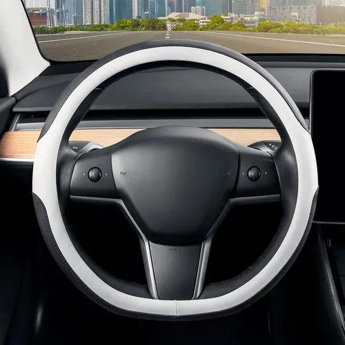 Miniatura 17 de SEG Direct - Cubierta para volante de base plana en forma de D, de 14-14 1/4 pulgadas para Tesla Model 3 / Y, para Camaro, cuero de microfibra negro