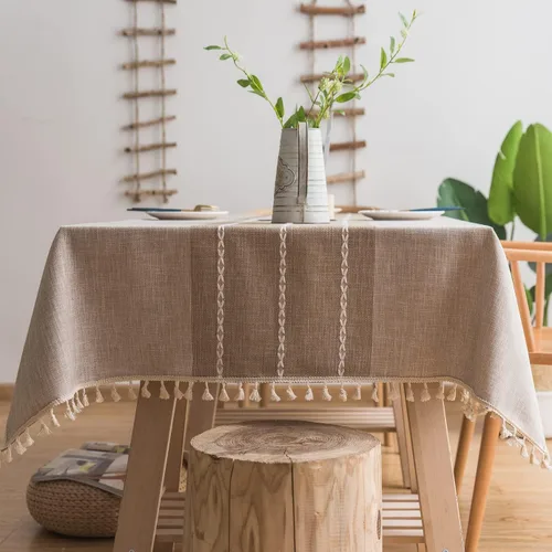 Miniatura 12 de Colorigan Mantel rectangular de lino de algodón con diseño boho, mantel de mesa de granja, mantel oblongo, sin arrugas, para interiores y Lino Crema