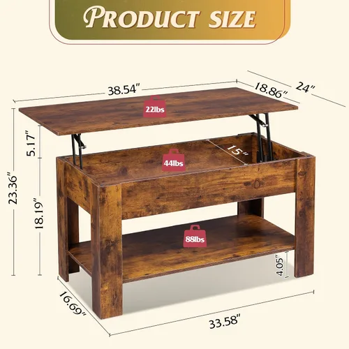 Miniatura 3 de WLIVE Mesa de Centro, Mesa de Centro de 39" con Tapa Elevable y Compartimento Oculto, Estante de Almacenamiento y Tapa Elevable para Hogar, Sala