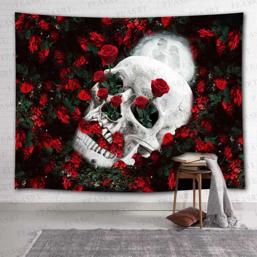 Miniatura 7 de FEASRT Tapiz de calavera, rosa roja para amantes del cráneo del jardín, dormitorio, apartamento, arte para el hogar, decoración para colgar