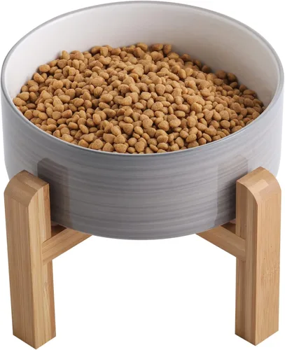 Miniatura 9 de Cuenco negro elevado/alzado de cerámica para perros con soporte de madera para razas medianas y grandes, plato de comida y agua para perros pesado
