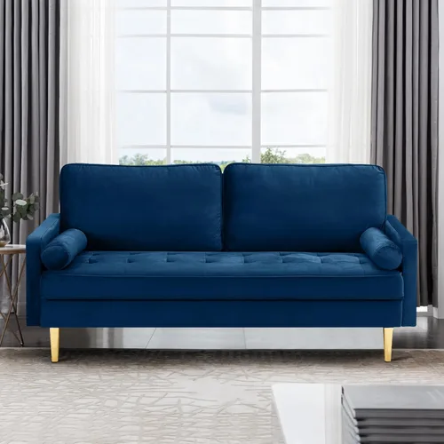 Miniatura 9 de Sofá biplaza moderno de terciopelo de 67 pulgadas, sofá biplaza tapizado con mechones de mediados de siglo con 2 almohadas y 4 patas doradas, sofás