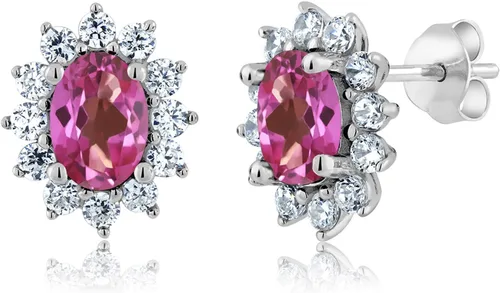 Miniatura 43 de Gem Stone King Aretes ovalados de plata de ley 925 de 0.276 x 0.197 in con piedra natal de la princesa Diana, estilo halo real para mujeres