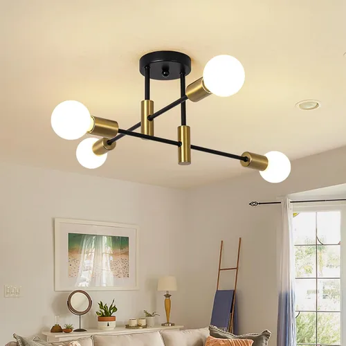 Miniatura 14 de Garwarm Paquete de 2 lámparas de techo Sputnik de montaje industrial semiempotrado de 4 luces, lámpara Sputnik moderna negra y dorada para porche