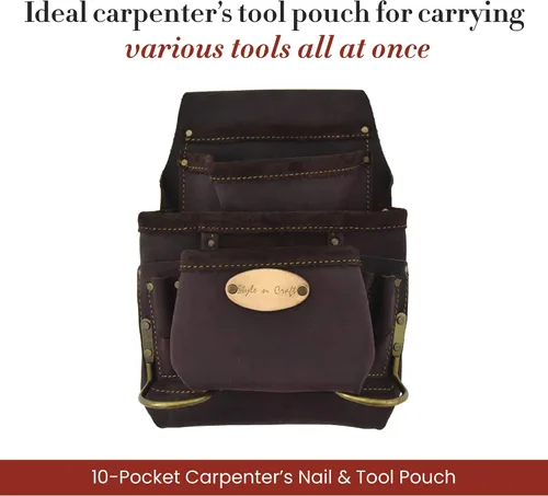 Miniatura 2 de Style n Craft Bolsa de herramientas y uñas de carpintero de 10 bolsillos, bolsa de herramientas de cuero resistente, bolsa de cuero de grano Marrón