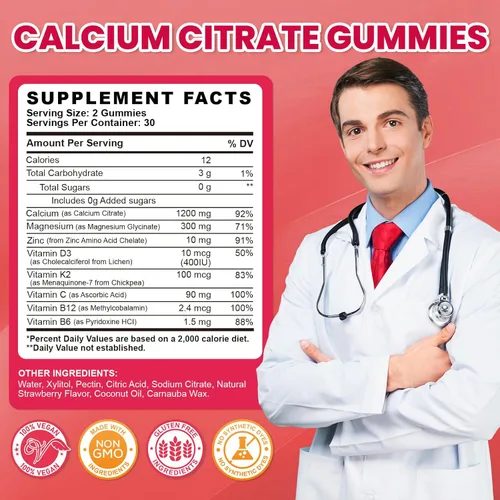 Miniatura 7 de Gomitas de citrato de calcio - Suplementos de 1200 mg de calcio en gomitas para mujeres y hombres con vitamina D3, K2, magnesio, zinc de alta