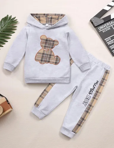 Miniatura 4 de Ropa de bebé niño a cuadros con capucha de manga larga con capucha y pantalones de retazos, ropa de invierno para niño