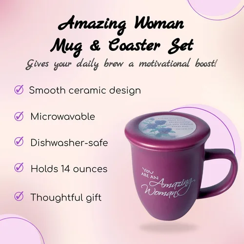 Miniatura 2 de Amazing Woman - Taza y portavasos, tapa de cerámica, taza grande de café o té de 14 onzas, color morado oscuro