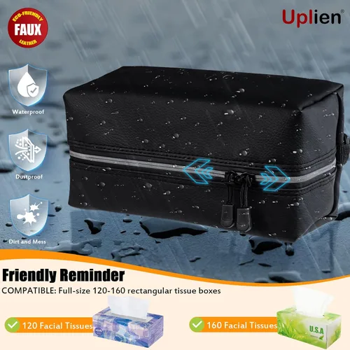 Miniatura 2 de Car Tissue Holder for 120-160-230 Count Kleenex Facial Tissues Box - Waterproof Zipper Cover, Soft Black Leather with Adjustable Strap, Ideal for