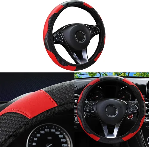 Miniatura 12 de Funda para volante de automóvil, microfibra de fibra de carbono de 15 pulgadas, antideslizante, transpirable, protector elástico para volante