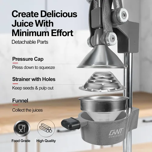 Miniatura 5 de Máquina Exprimidora Manual de Frutas Cítricas de Hierro Fundido Comercial de Servicio Pesado de 18 Pulgadas de Altura con Prensa de Mano para Gris