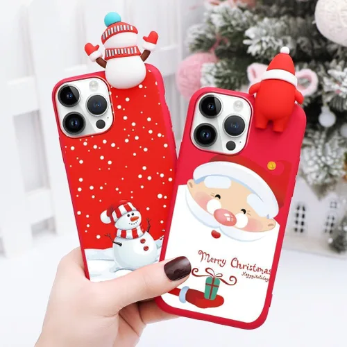 Miniatura 3 de Paquete de 2 fundas navideñas lindas para iPhone 13 Pro, patrón rojo 3D de muñeco Papá Noel muñeco de nieve Feliz Navidad de silicona suave TPU