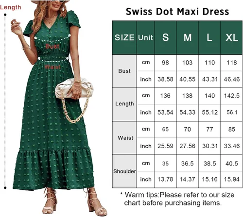 Miniatura 6 de PRETTYGARDEN - Vestido bohemio de manga corta con cuello en V y plumetí con volantes, vestido maxi fruncido de cóctel