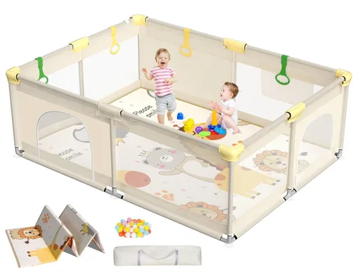 CoziBB Corralito para bebés con alfombra, 71" × 59" corralito extra grande para niños pequeños, patio de juegos, cerca para bebés área de juego y