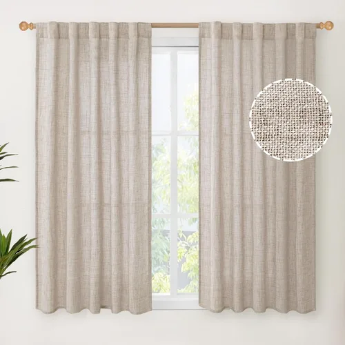 YoungsTex Cortina de lino, natural, ventana, cocina, semitraslúcida, corta, bolsillo de barra, pestaña trasera, filtra la luz, texturizada, sala de